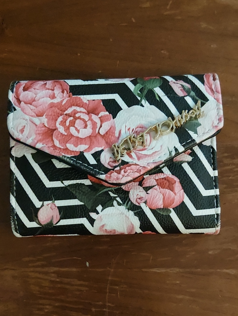 Betsey Johnson Black & Pink Floral Stripe Compact Wallet